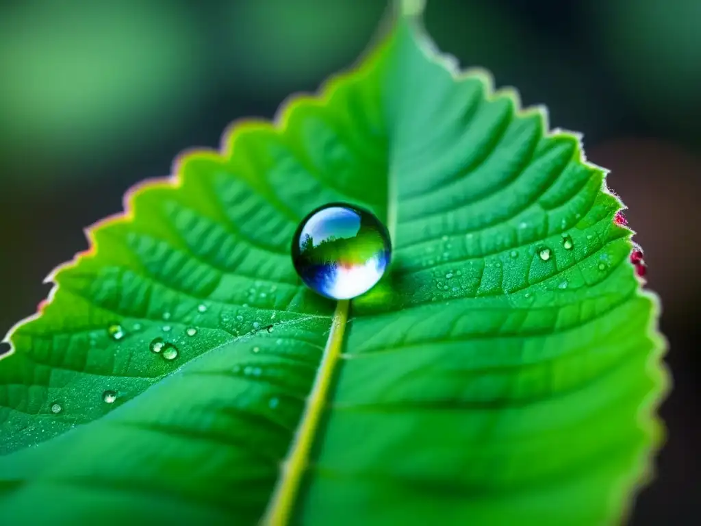 Un destello de transformación y belleza: una diminuta gota de rocío en una hoja verde vibrante