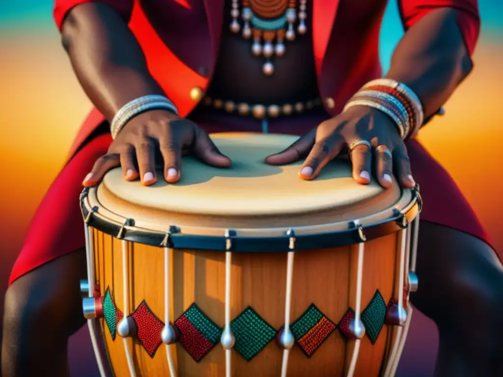 Batería africana: símbolo de unidad y riqueza cultural Ilustración detallada de un tambor africano rodeado de patrones coloridos que simbolizan la unidad y riqueza cultural