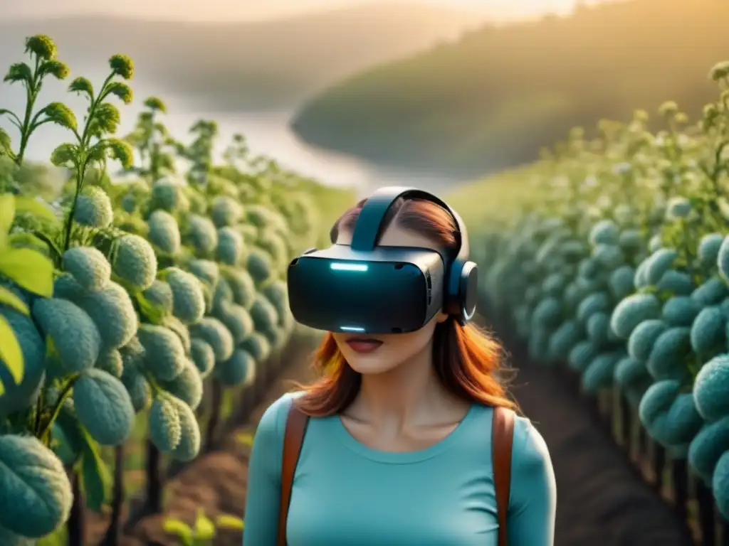 Ilustración detallada de auriculares de realidad virtual con enredaderas y flores, fusionando tecnología y naturaleza en poesía transformadora