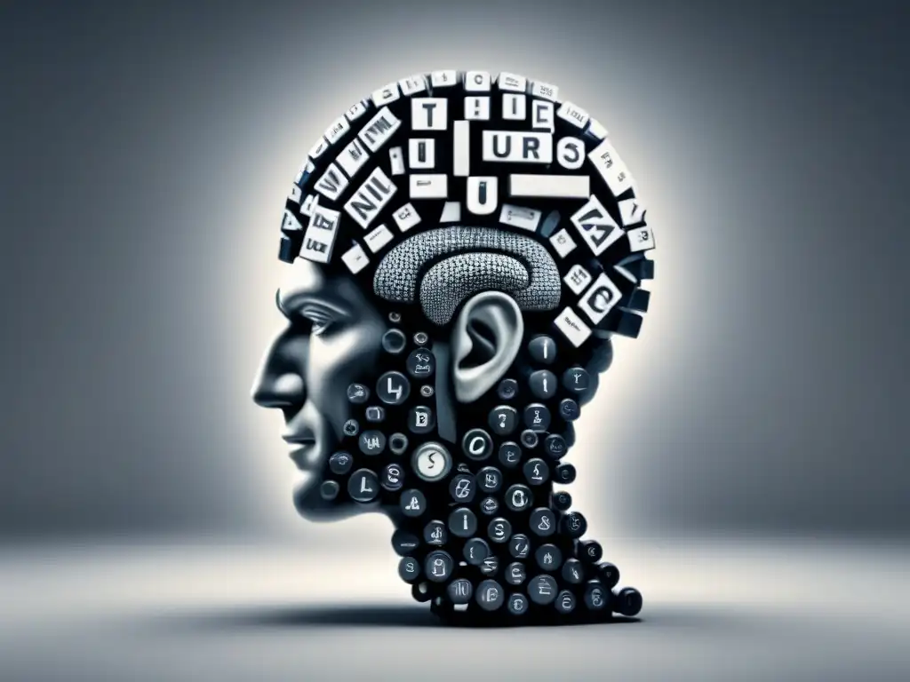 Ilustración detallada en blanco y negro de un cerebro humano fragmentado convirtiéndose en un caótico enredo de teclas de máquina de escribir, simbolizando la mente intrincada y revolucionaria de William S