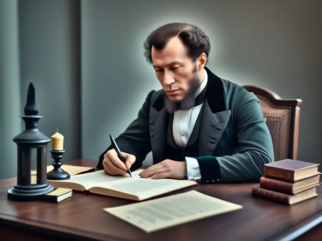 Ilustración detallada en blanco y negro de Aleksandr Pushkin en su escritorio, rodeado de plumas, tinteros y papeles