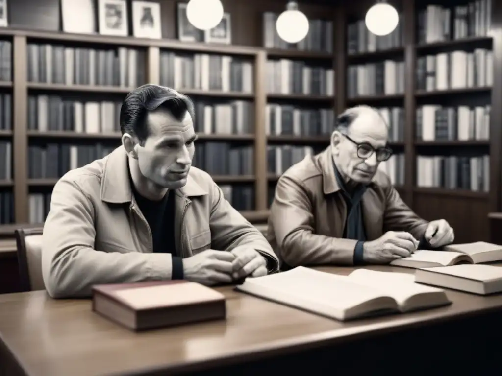 Ilustración detallada de los Beats en café literario Ilustración detallada en blanco y negro de Kerouac, Ginsberg y Burroughs en café tenue, representando la Poesía Beat búsqueda libertad