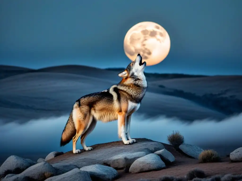 Ilustración detallada en blanco y negro de un lobo solitario aullando a la luna en un paisaje desolado