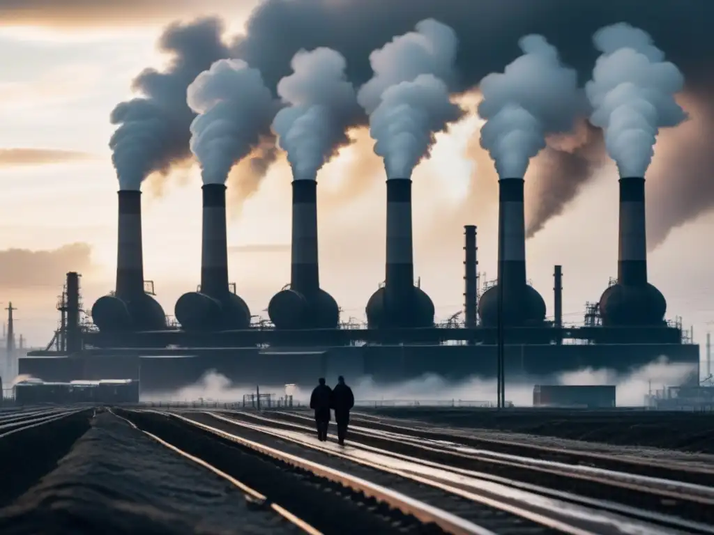 Ilustración detallada en blanco y negro de paisaje industrial con chimeneas humeantes, fábricas y trabajadores