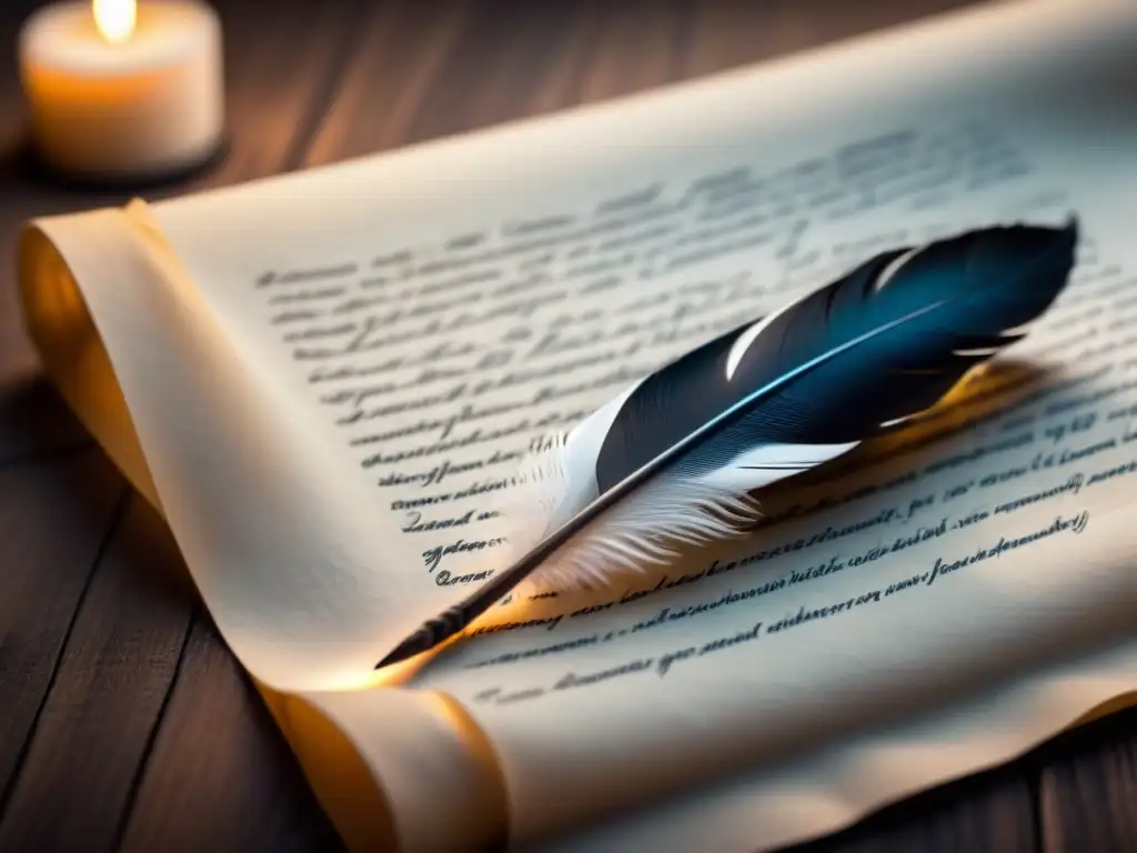 Pluma escribiendo versos poéticos en pergamino Ilustración detallada en blanco y negro de una pluma inscribiendo versos poéticos en pergamino