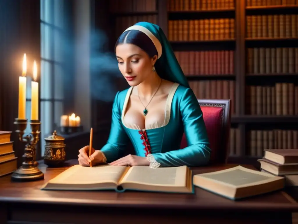 Ilustración detallada de Christine de Pizan en su estudio medieval, rodeada de libros, manuscritos y una pluma, iluminada por luz de vela