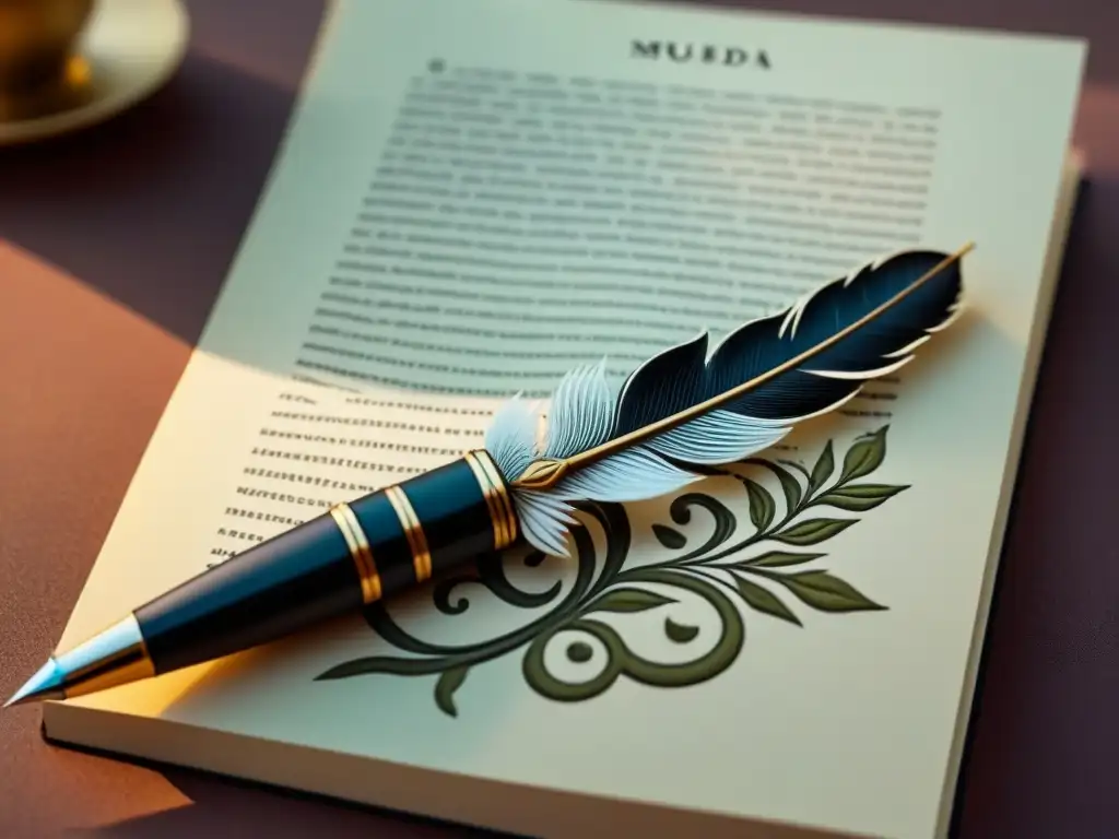 Detallado dibujo de una pluma entrelazada con vides florecientes y versos poéticos, inspirado en la poesía social y realista de Pablo Neruda