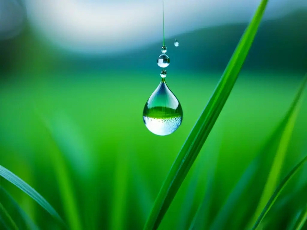 Detalle asombroso de una gota de lluvia en una brizna de hierba, mostrando la belleza de las técnicas para ver el mundo