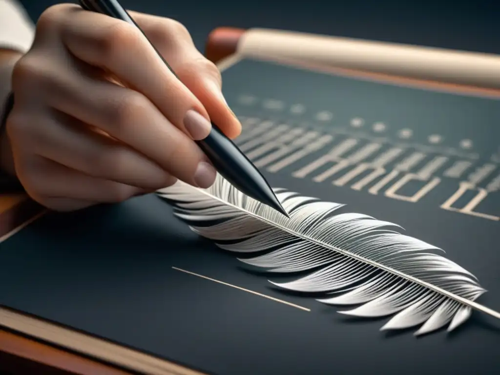 Arte en blanco y negro: quill pen decodificando versos poéticos Detalle en blanco y negro de pluma midiendo métrica poética con precisión