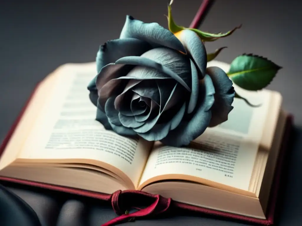 Detalle en blanco y negro de una rosa marchita sobre un libro abierto, simbolizando la relevancia de 'Las Flores del Mal'