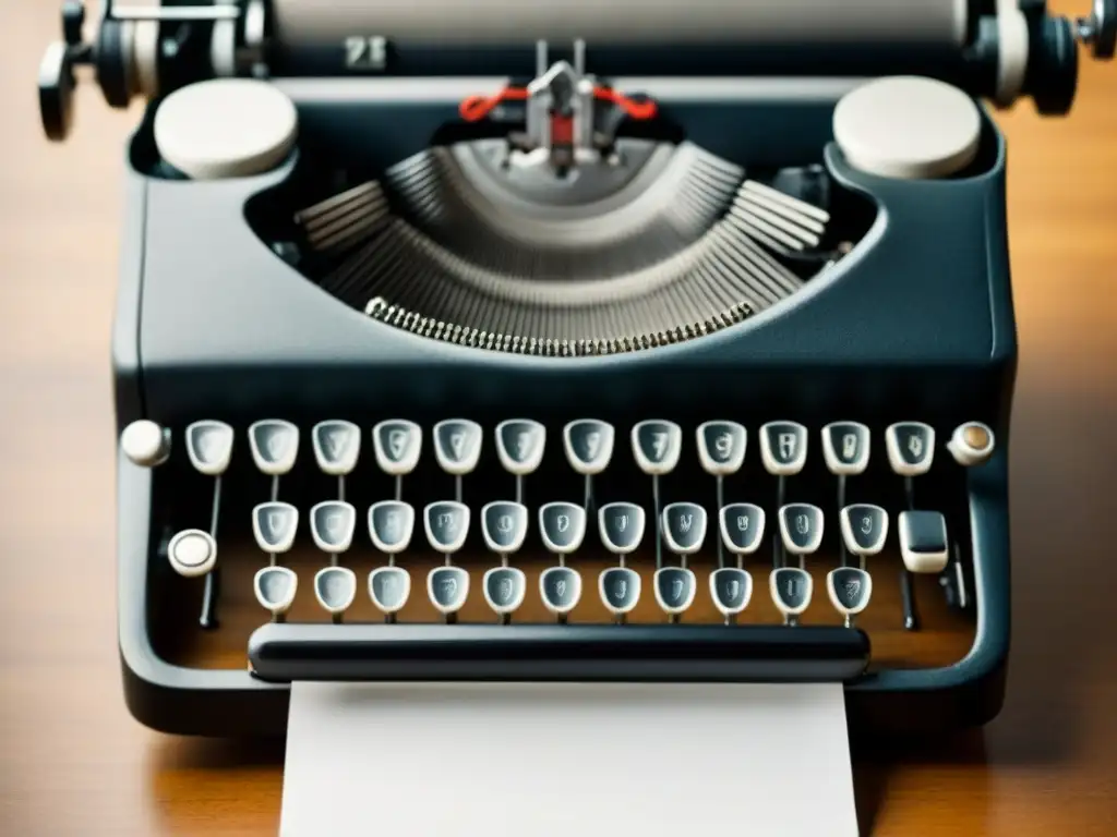 Detalle de una elegante máquina de escribir vintage en blanco y negro con métrica irregular en poesía lírica