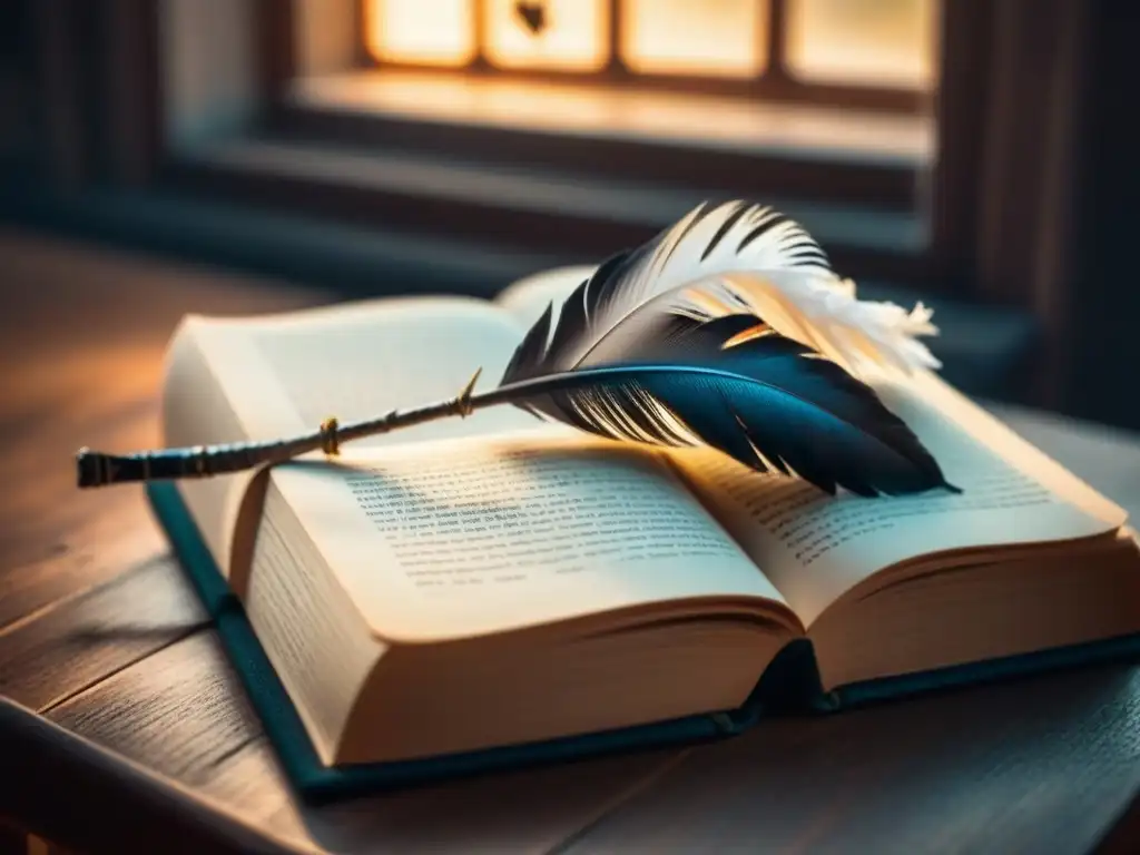 Detalle elegante: pluma sobre libro vintage con motivos florales y sombra sutil en escritorio de madera