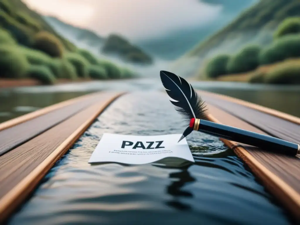 Detalle elegante: pluma crea puente sobre río, simbolizando legado de Octavio Paz en poesía tradición modernidad