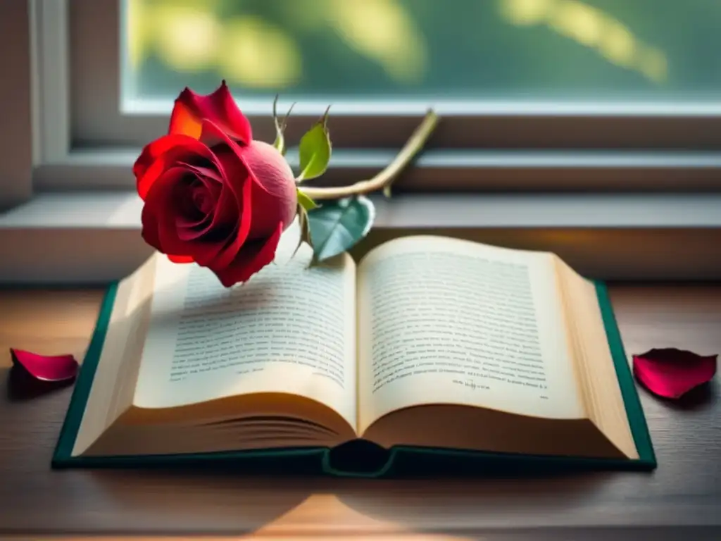 Detalle emocional: rosa roja sobre libro de poesía, luz natural creando sombra