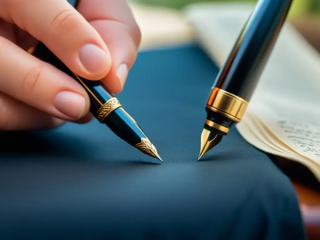 Detalle exquisito: mano limpia con cuidado una pluma estilográfica de lujo, resaltando la importancia del mantenimiento accesorios escritura lujo