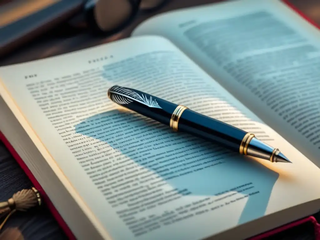 Detalle exquisito de pluma traduciendo palabras de un libro en versos poéticos