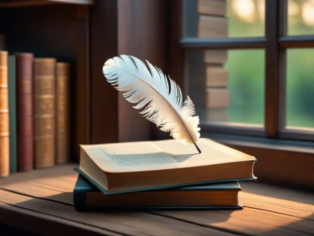 Detalle exquisito: pluma solitaria sobre libros envejecidos, iluminados por luz cálida