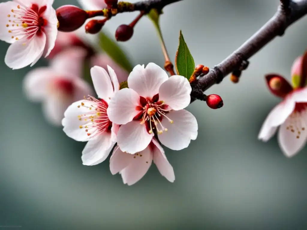 Detalle exquisito de una rama de cerezo en flor, resaltando su belleza minimalista en poesía lírica