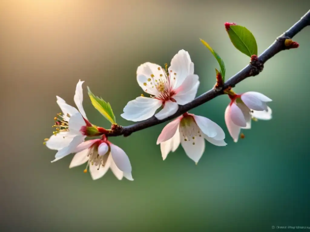 Detalle exquisito de una rama de cerezo en flor, simbolismo plantas flores poesía