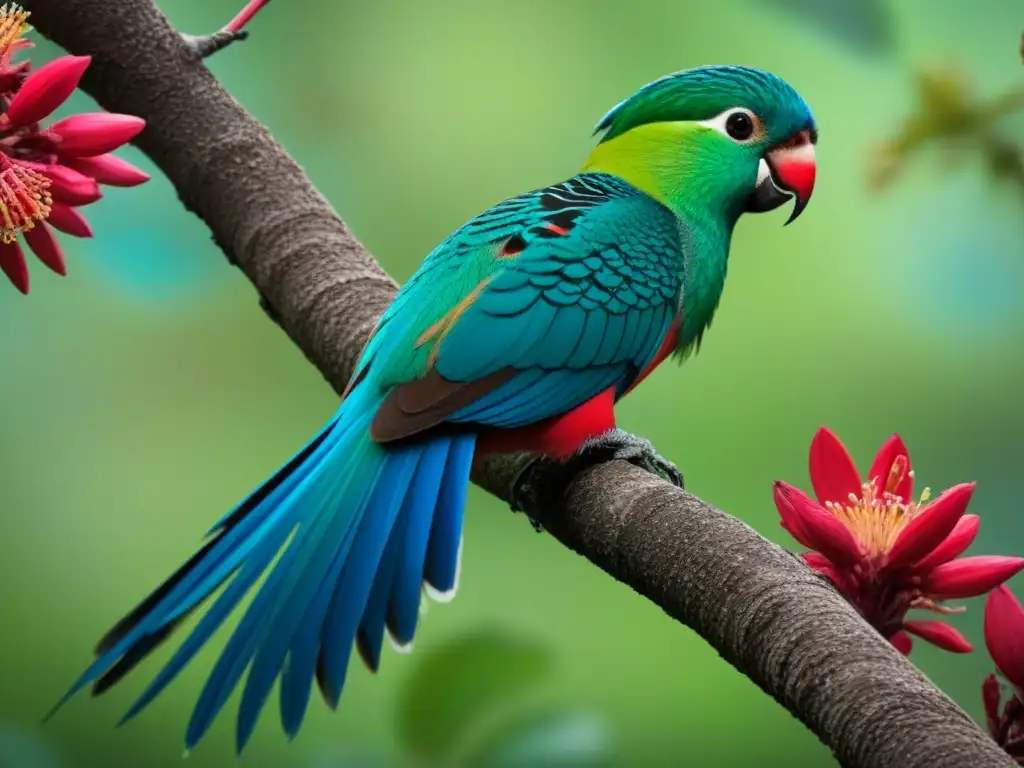 Detalle ilustrado de un vibrante Quetzal en un árbol Ceiba florecido, simbolizando la poesía indígena, resistencia cultural