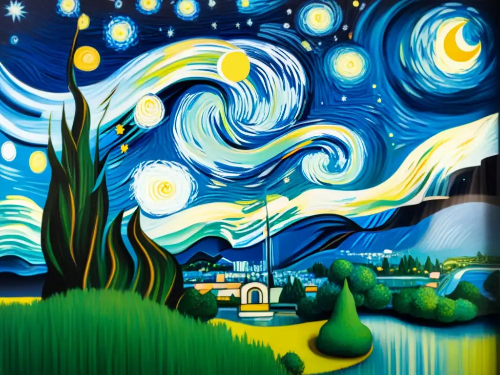 Detalle impresionante de 'La noche estrellada' de Van Gogh, con colores vibrantes y pinceladas meticulosas