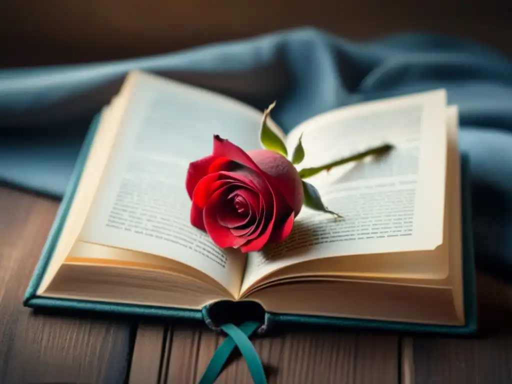 Rosa roja sobre libro antiguo: poesía emocional Detalle de pétalo de rosa roja sobre libro antiguo, fusionando emoción y filosofía a través de la poesía