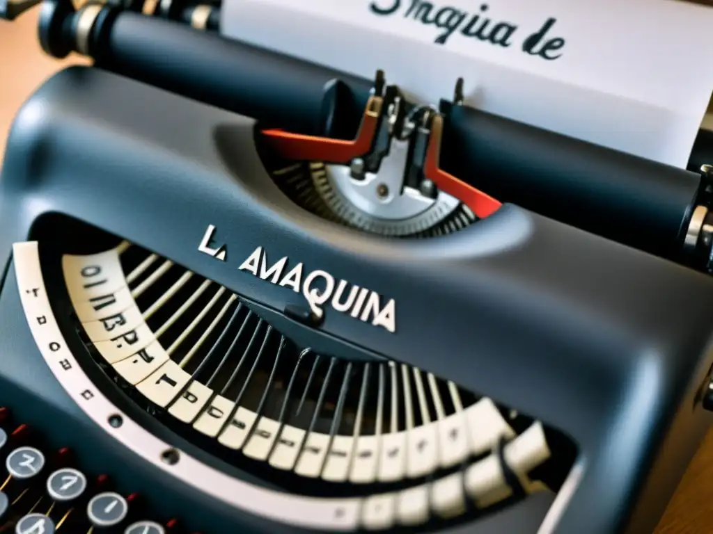 Detalle de una máquina de escribir vintage con las palabras 'Máquina escribir Philippe Soupault viajes' en elegante caligrafía