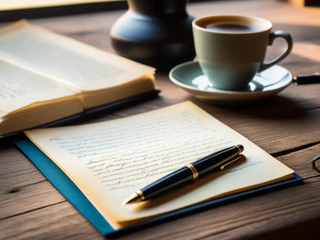 Detalle meticuloso de manuscritos poéticos en escritorio rústico con plumas y café