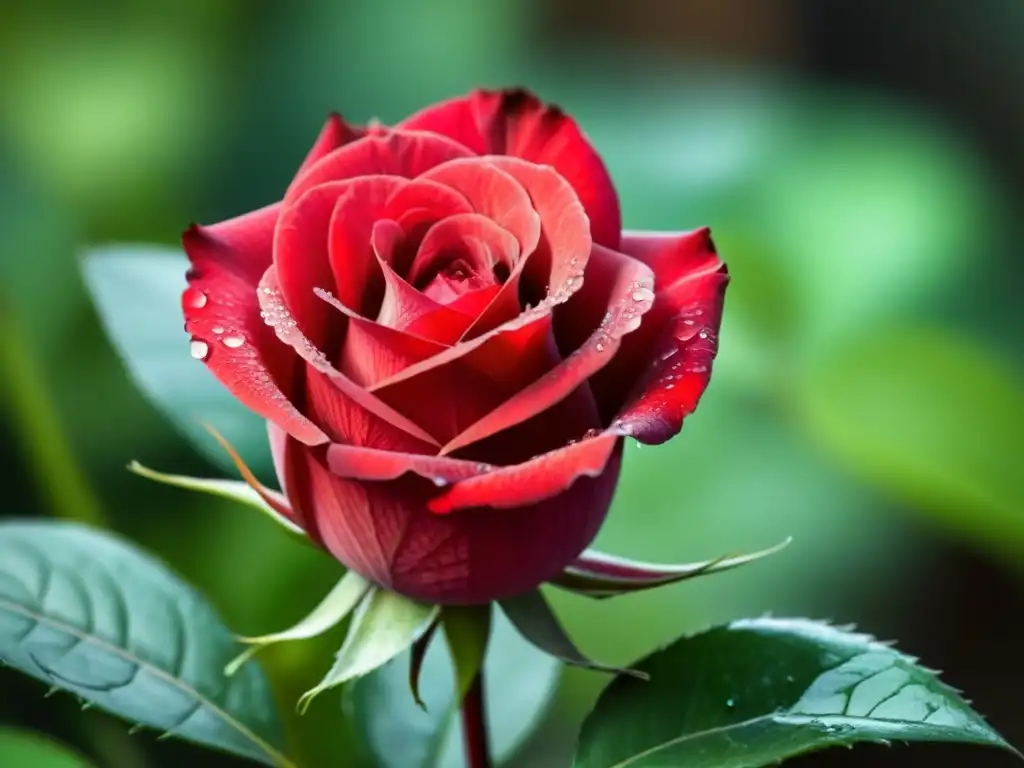 Detalle de un pétalo de rosa roja con gotas de agua, venas intrincadas y fondo verde borroso