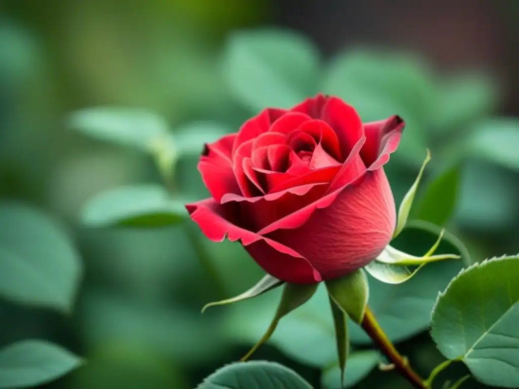 Detalle de un pétalo de rosa roja con venas intrincadas y texturas delicadas, sobre un fondo suave en tonos verdes y marrones