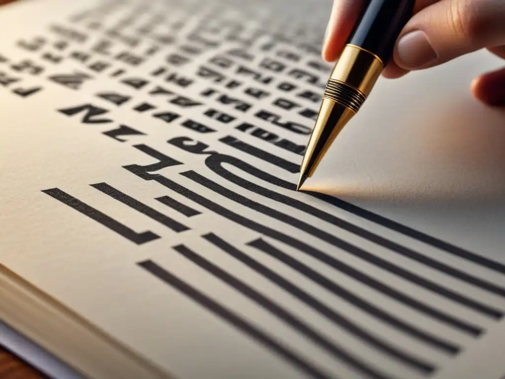 Detalle de pluma trazando sobre papel texturizado, destacando la importancia del ritmo en poesía con elegancia y precisión