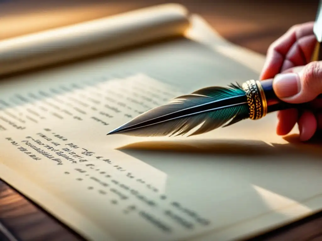 Detalle poético: pluma sobre pergamino, luz suave y sombras, Jerónimo de Carrión poesía análisis