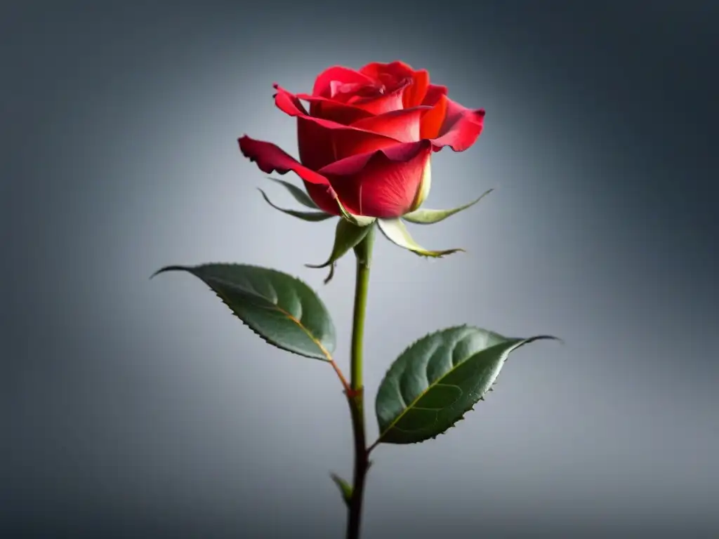 Detalle 8k de una rosa roja sobre fondo blanco, simbolizando el poder transformador de la poesía lírica