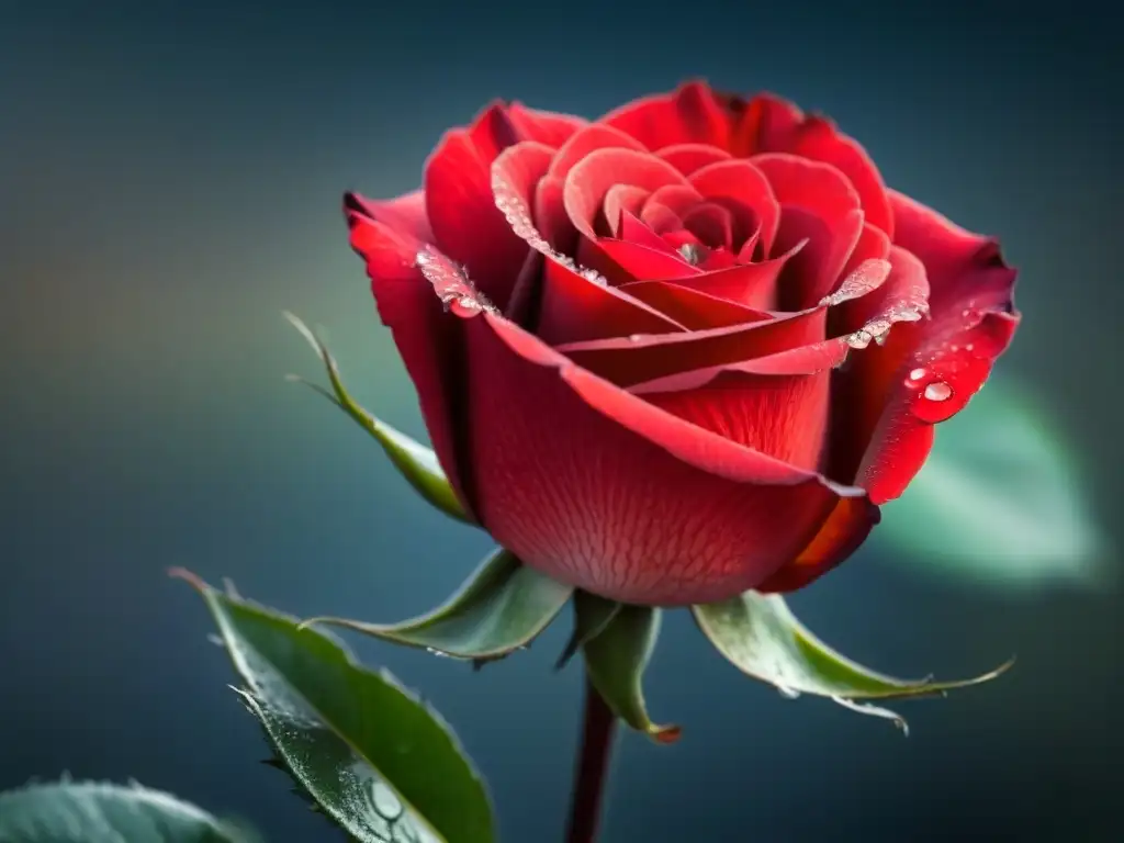 Detalle de una rosa roja con gotas de agua, evocando romance y profundidad emocional
