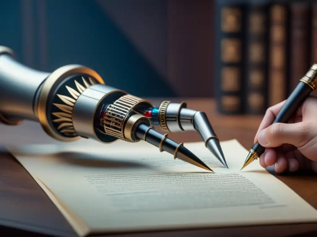 Detalle ultradetallado de un brazo robótico futurista sosteniendo una pluma tradicional, listo para escribir en pergamino