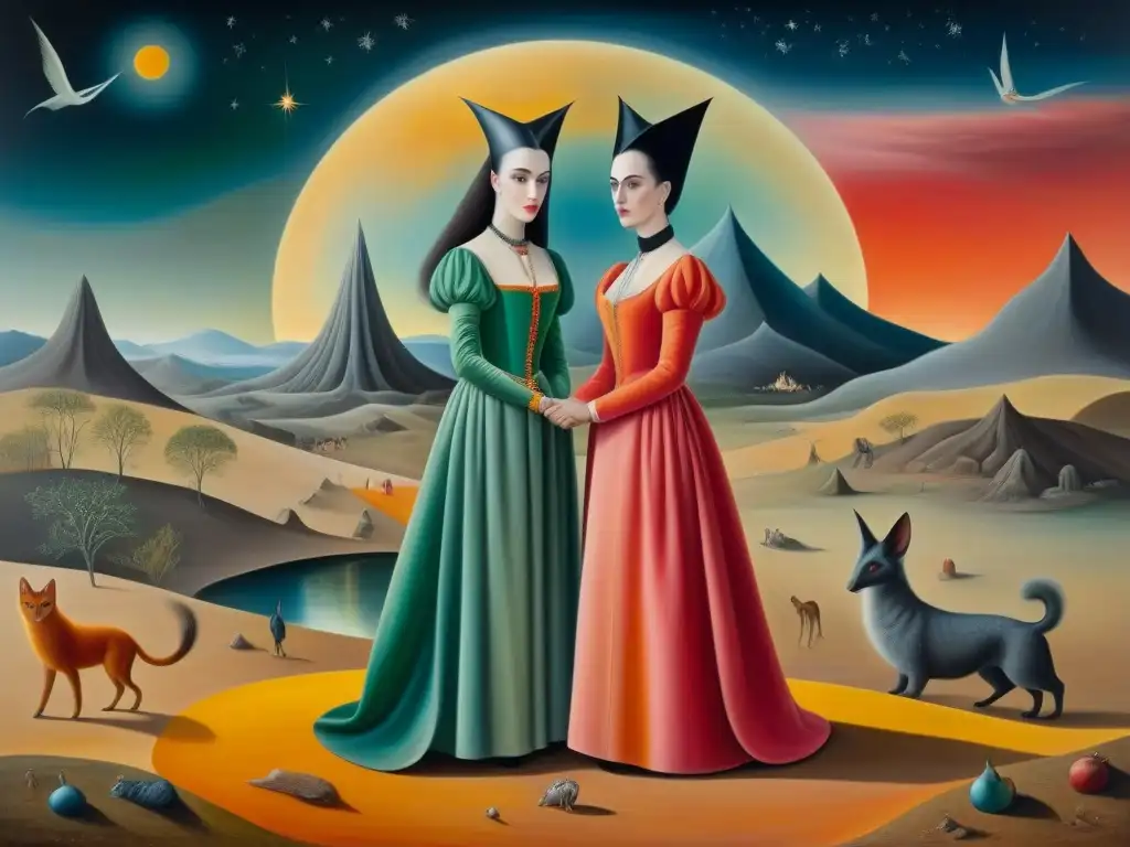 Detalle ultradetallado de la pintura 'Los Amantes' de Leonora Carrington, con elementos surrealistas y colores vívidos