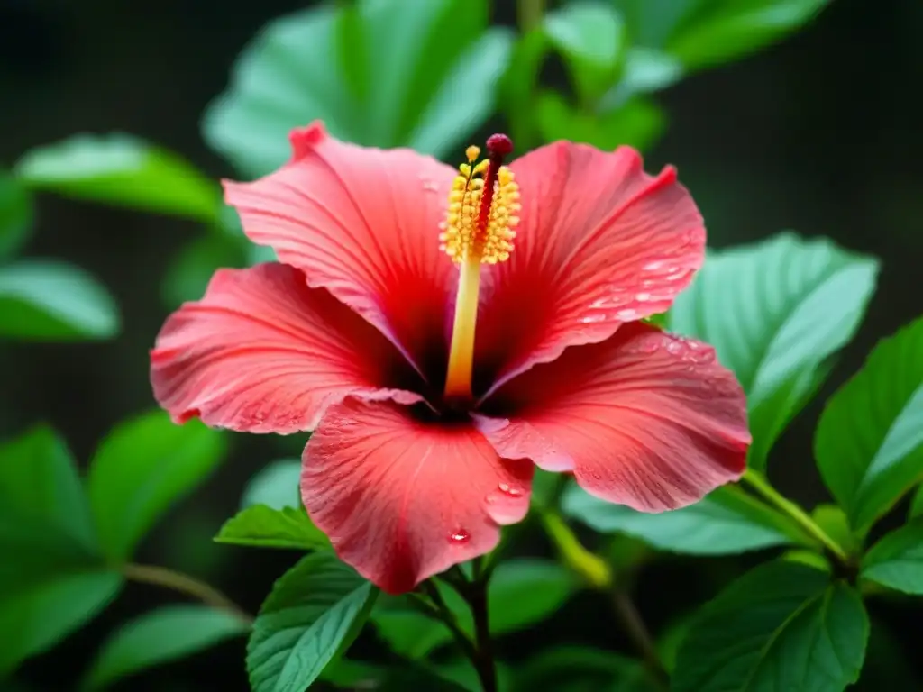 Detalle vibrante de una flor roja hibisco con rocío, entre verde exuberante