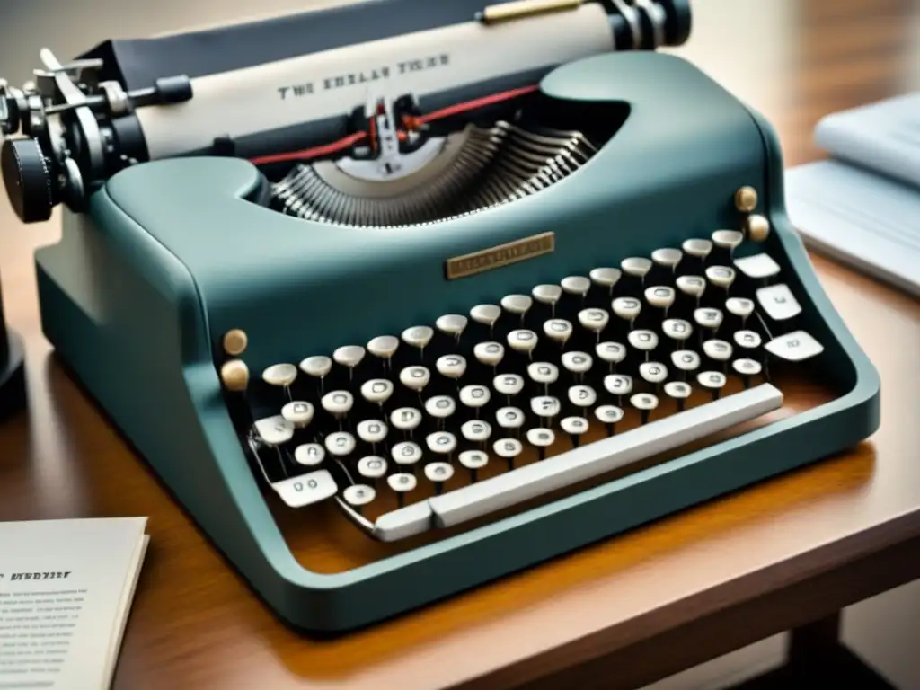 Detalles clásicos de una máquina de escribir vintage en un escritorio moderno, ideal para aspectos técnicos publicación poesía
