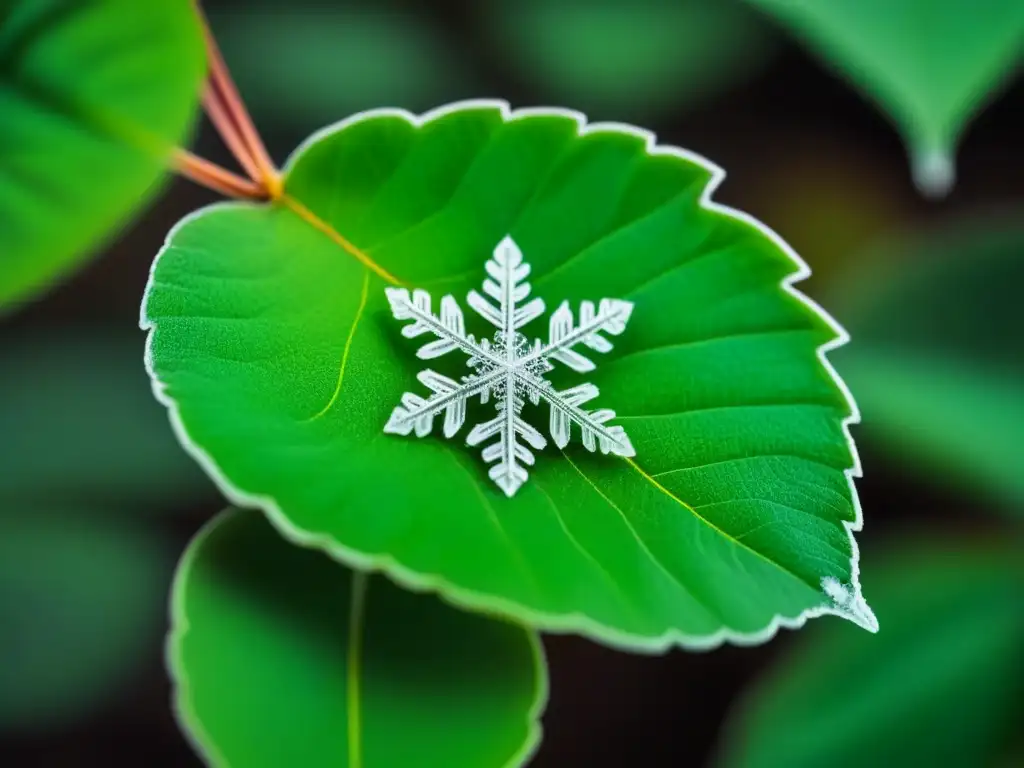 Detalles cristalinos de un copo de nieve sobre hoja verde, poesía minimalista fuerza transformadora