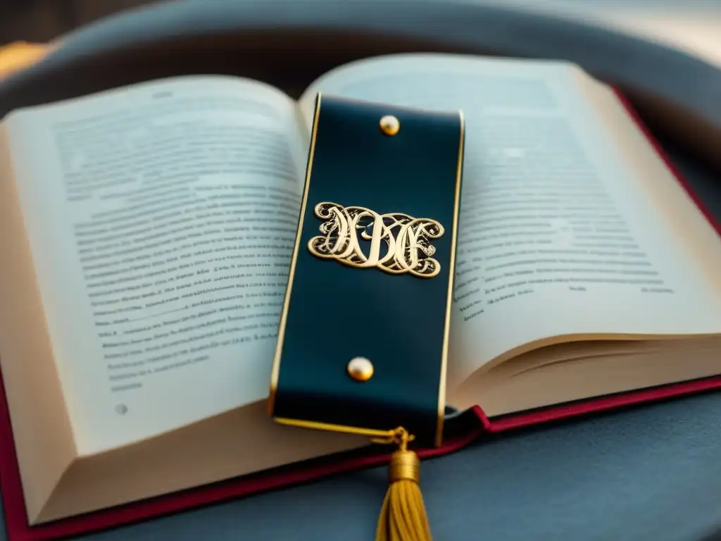 Detalles de cuero negro y caligrafía dorada en un elegante separador de página, resaltando la importancia del vínculo lectura-escritura