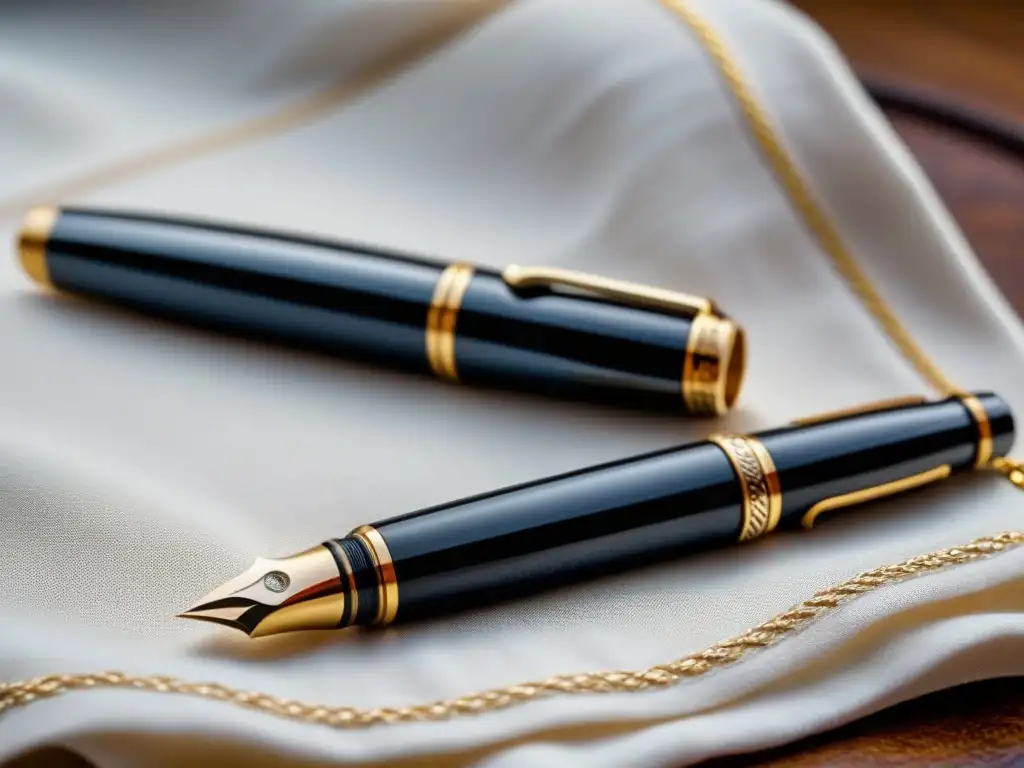 Detalles lujosos de un elegante bolígrafo Montblanc negro sobre un mantel blanco impecable, resaltando su artesanía en oro de 18k