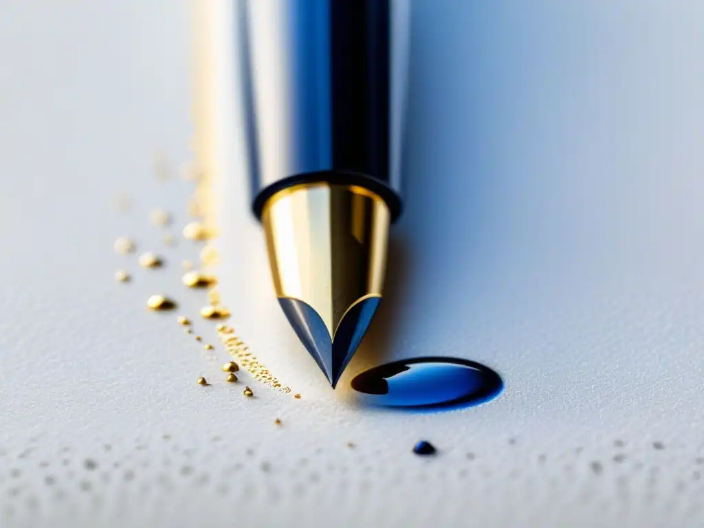 Detalles lujosos de una pluma fuente sobre almohadilla blanca, rodeada de gotas de tinta azul y dorada