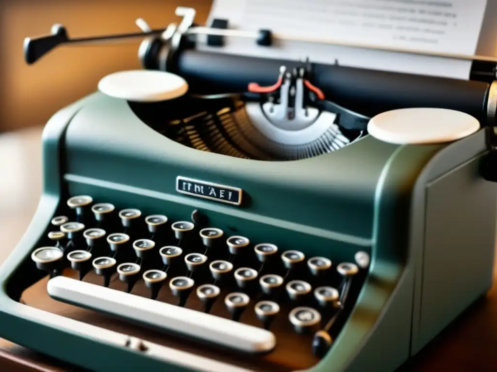 Detalles meticulosos de una máquina de escribir vintage en blanco y negro, evocando la métrica en poesía lírica