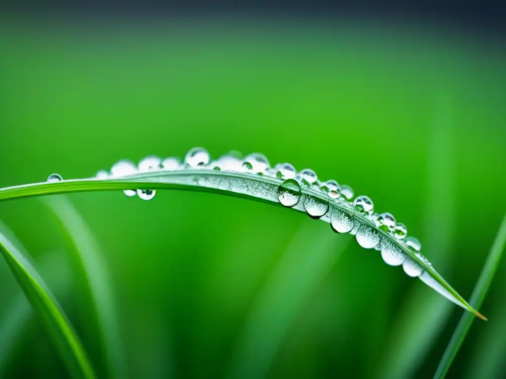 Detalles naturales: brizna de hierba con gotas de rocío, simbolizando la belleza de la naturaleza en el análisis de la poesía realista