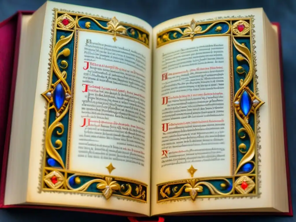 Manuscrito iluminado medieval: arte poético en oro y colores vibrantes Detalles en oro y colores vibrantes de un manuscrito iluminado medieval, destacando una letra capital decorada en una poesía