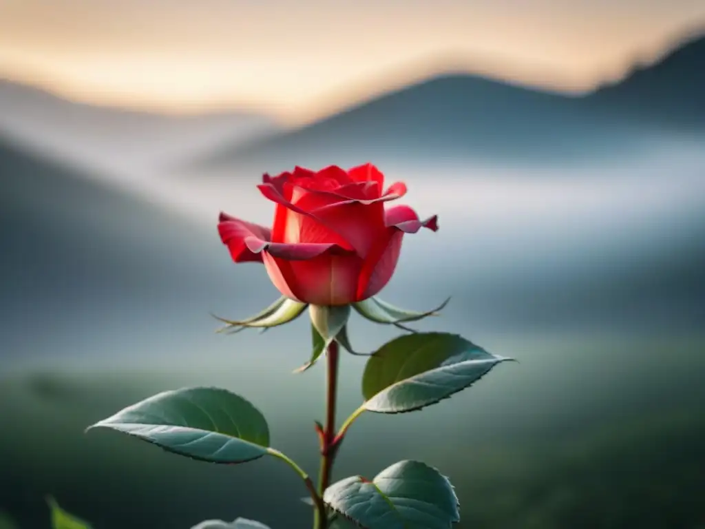 Detalles de un rosal rojo desplegándose lentamente en un fondo blanco, mostrando la transformación a través de la poesía