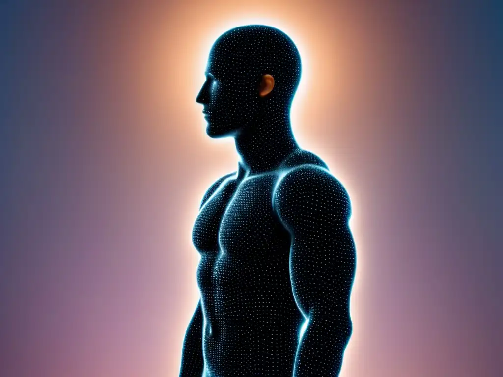 Silueta humana y código binario entrelazados en poesía digital Un diálogo poético entre la humanidad y la inteligencia artificial, con flores digitales