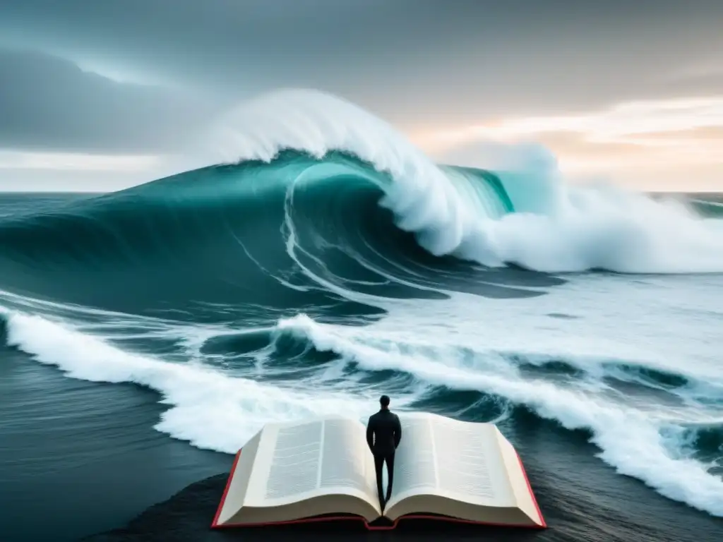 Un dibujo en tinta de una figura solitaria frente a un mar de palabras, transmitiendo la importancia de la poesía transformadora