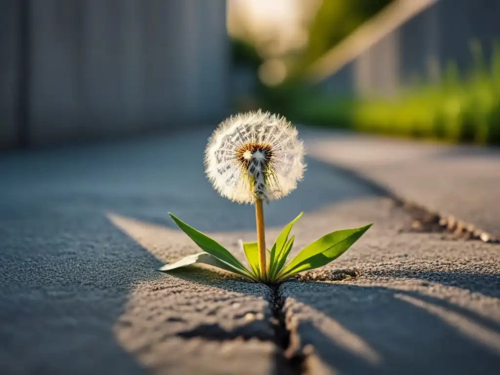 Un diente de león solitario y resistente brota entre grietas de concreto, transformando dolor en poesía