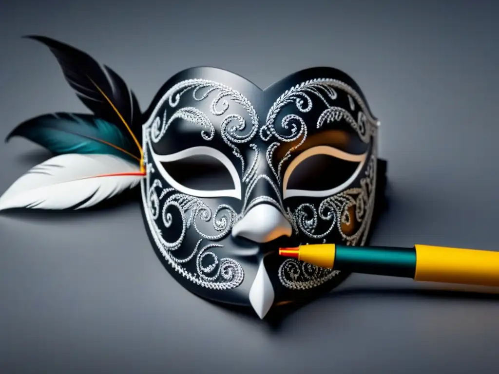 Un diseño en blanco y negro de una pluma y una máscara de comedia entrelazadas, simbolizando la agudeza y humor de la poesía greguería